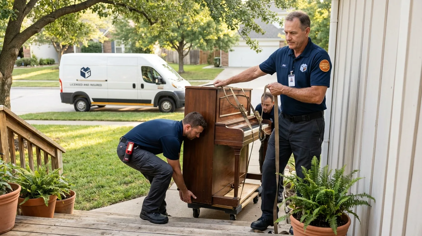 Licensed piano movers securing grand piano in Menomonee Falls, WI