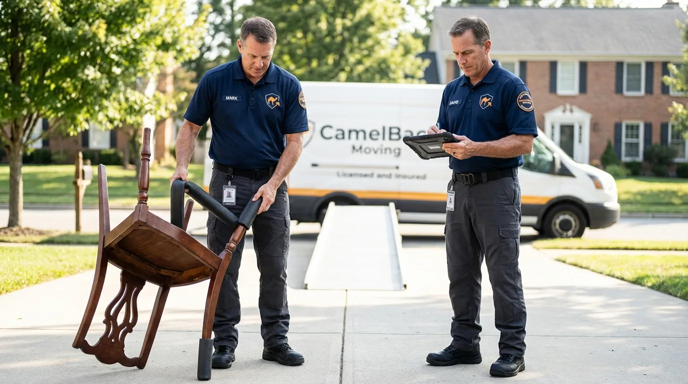 Movers inspecting furniture for damage prevention before loading in Menomonee Falls, WI